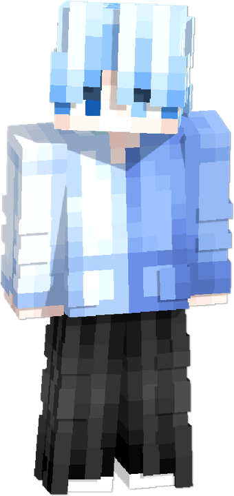 Skin Minecraft KirGantenk: rambut biru muda, hoodie biru-putih, celana hitam